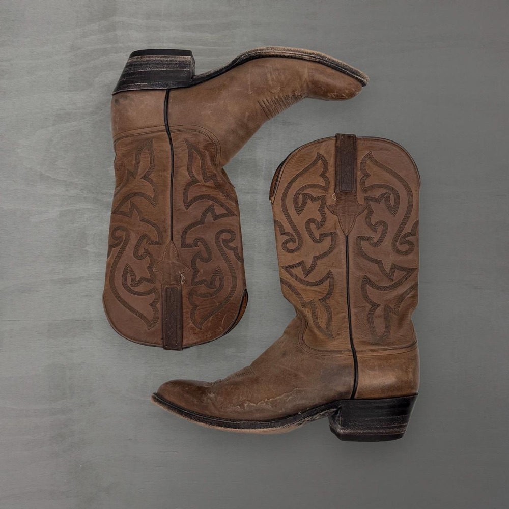 Vintage Lucchese Cowboy Boots Brown Leather Western Stitched Pointed Toe 7.5 D